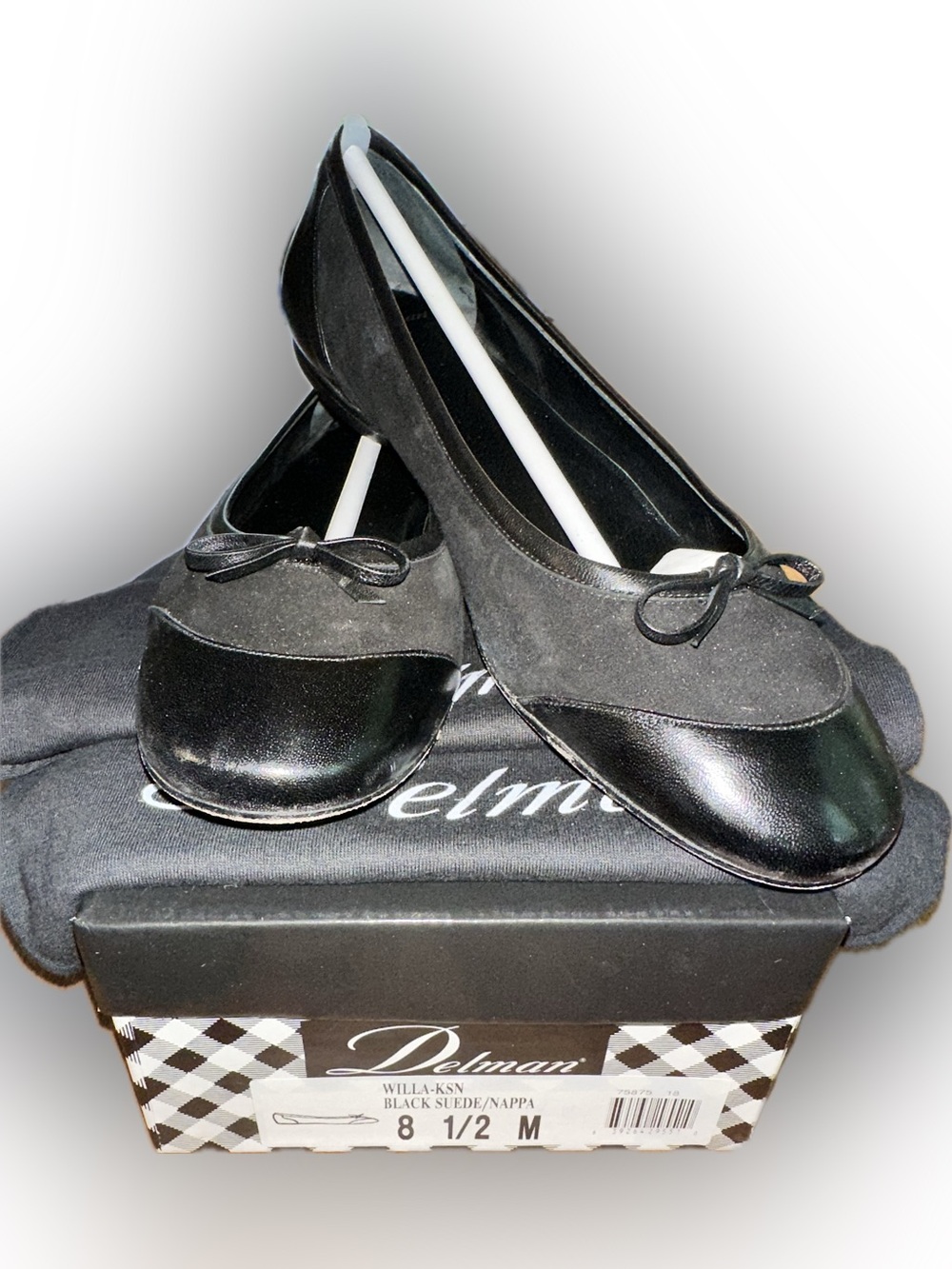 Delman Black Suede and Leather Ballet Flats with two Shoe Bags
